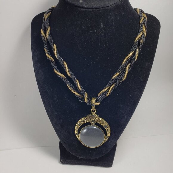 Women’s Statement Layered Gold Beaded Necklace Set – Circle Pendant + Earrings - Picture 11 of 12